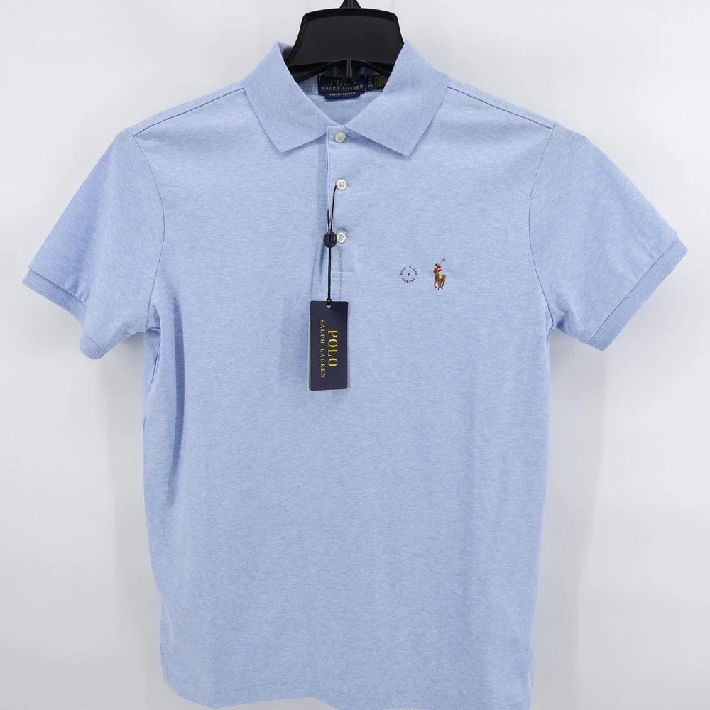 NEW Polo Ralph Lauren Custom Slim Fit Polo Shirt Light Blue Short Sleeve Mens S